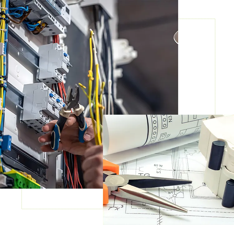 Collage featuring electrical engineering blueprints, professional tools, and a technician wiring a complex breaker panel, representing precision project management and NEC compliance.